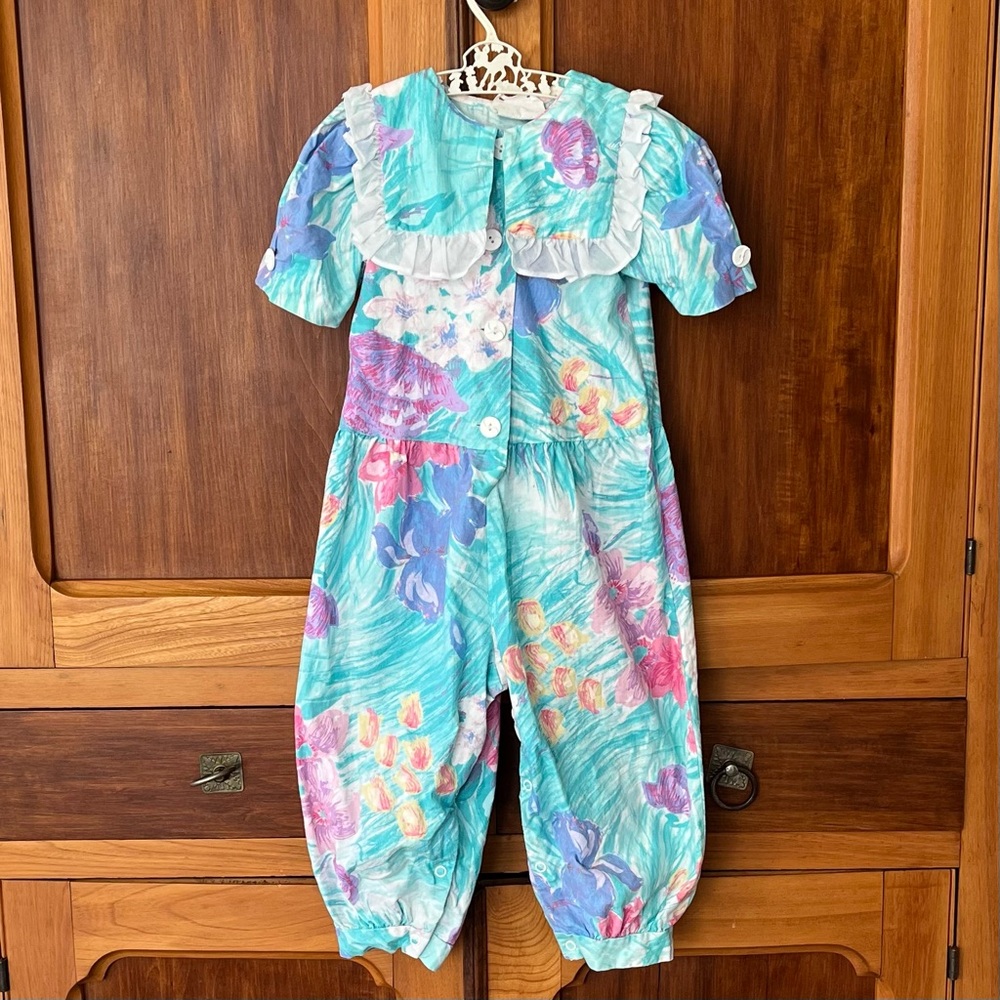 Vintage 80s Rare Editions Pastel Floral Girls Collared Romper 4T